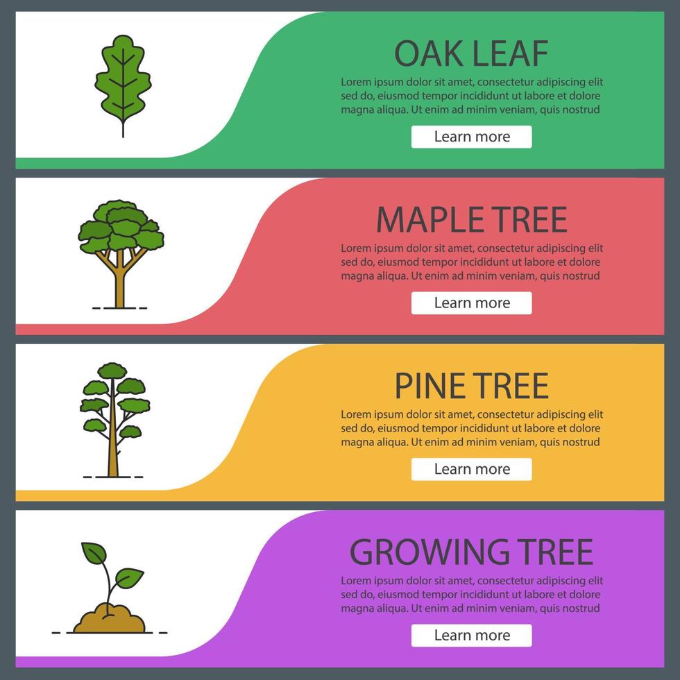 bosbouw webbanner sjablonen set. eikenblad, esdoorn en pijnbomen, groeiende spruit. website kleur menu-items. ontwerpconcepten voor vectorkoppen vector