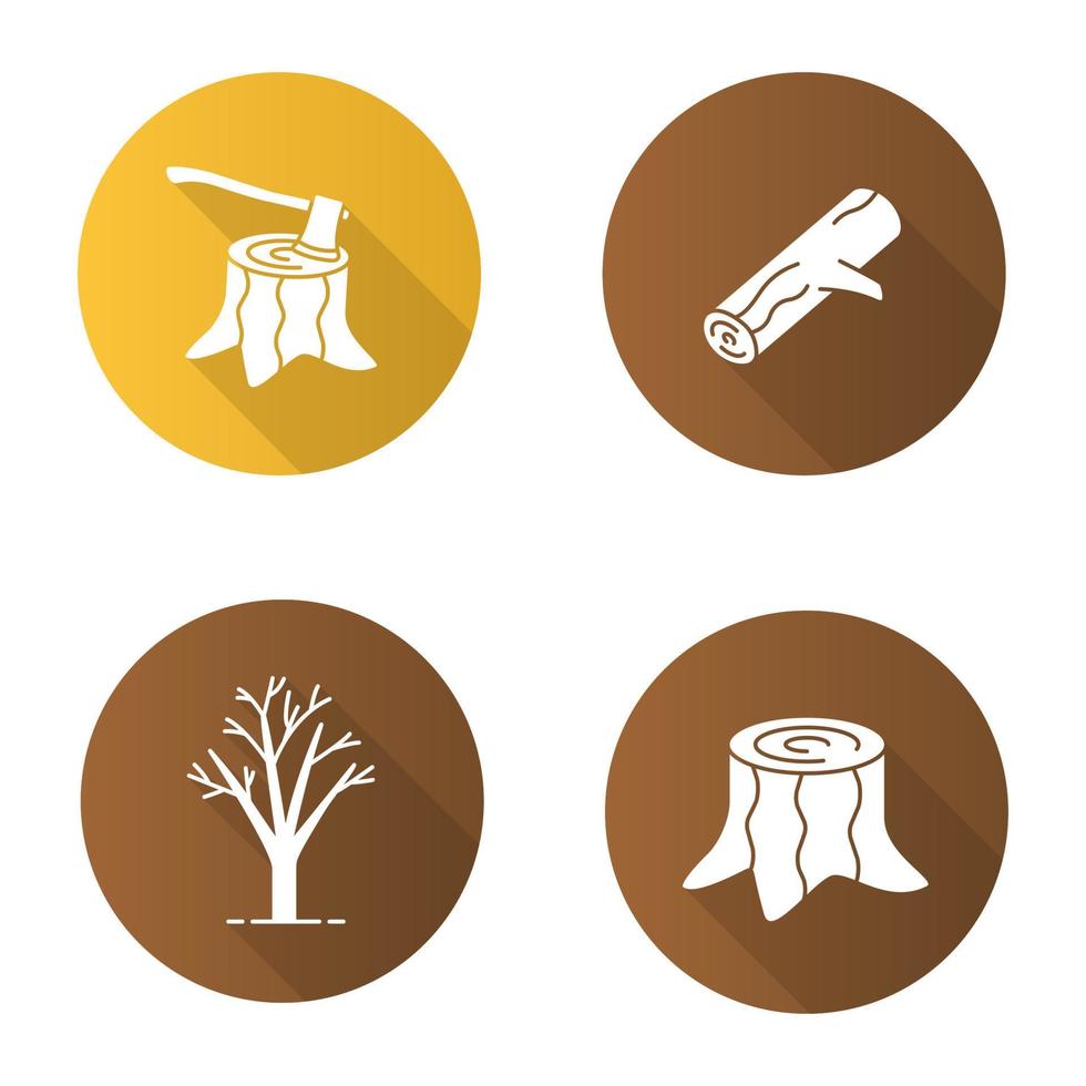 bosbouw platte ontwerp lange schaduw glyph pictogrammen instellen. stronken met bijl erin, boom zonder bladeren, brandhout. vector silhouet illustratie