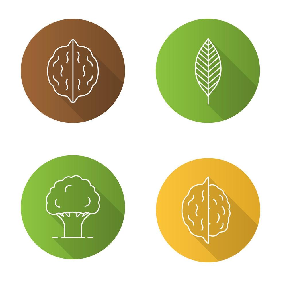 bosbouw vlakke lineaire lange schaduw iconen set. walnotenblad, eikenboom, noten. vector overzicht illustratie