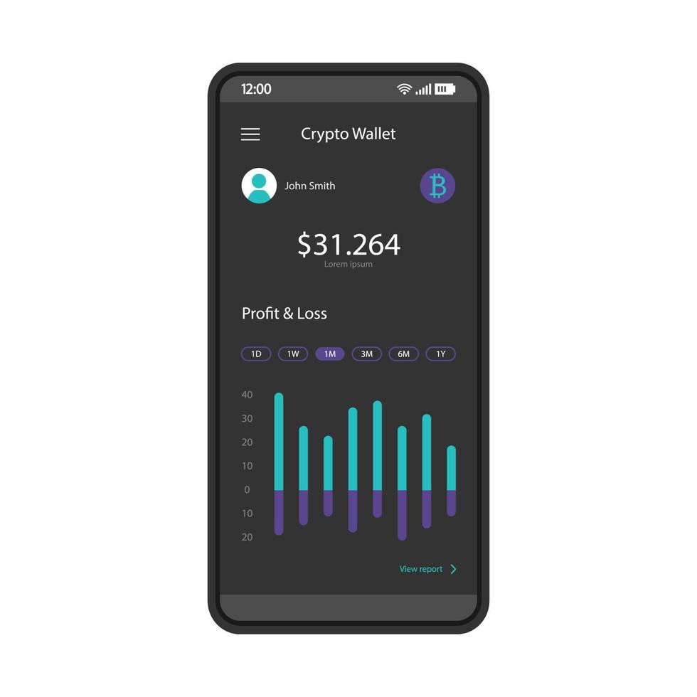 crypto portemonnee app smartphone interface vector sjabloon. cryptocurrency handels- en uitwisselingsplatform. lay-out van het ontwerp van de mobiele applicatiepagina. marktbalans en financiële statistieken scherm. platte ui