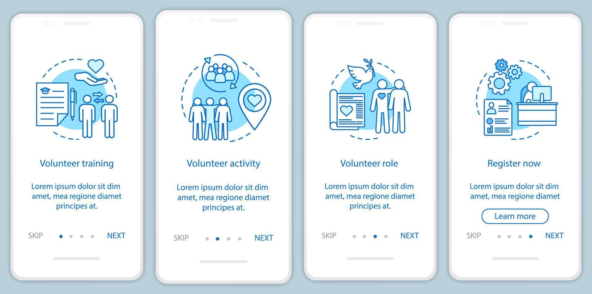 vrijwilliger wordt onboarding-paginascherm voor mobiele apps met lineaire concepten. humanitaire hulp. vrijwilligersservice walkthrough stappen grafische instructies. ux, ui, gui vectorsjabloon met illustraties vector