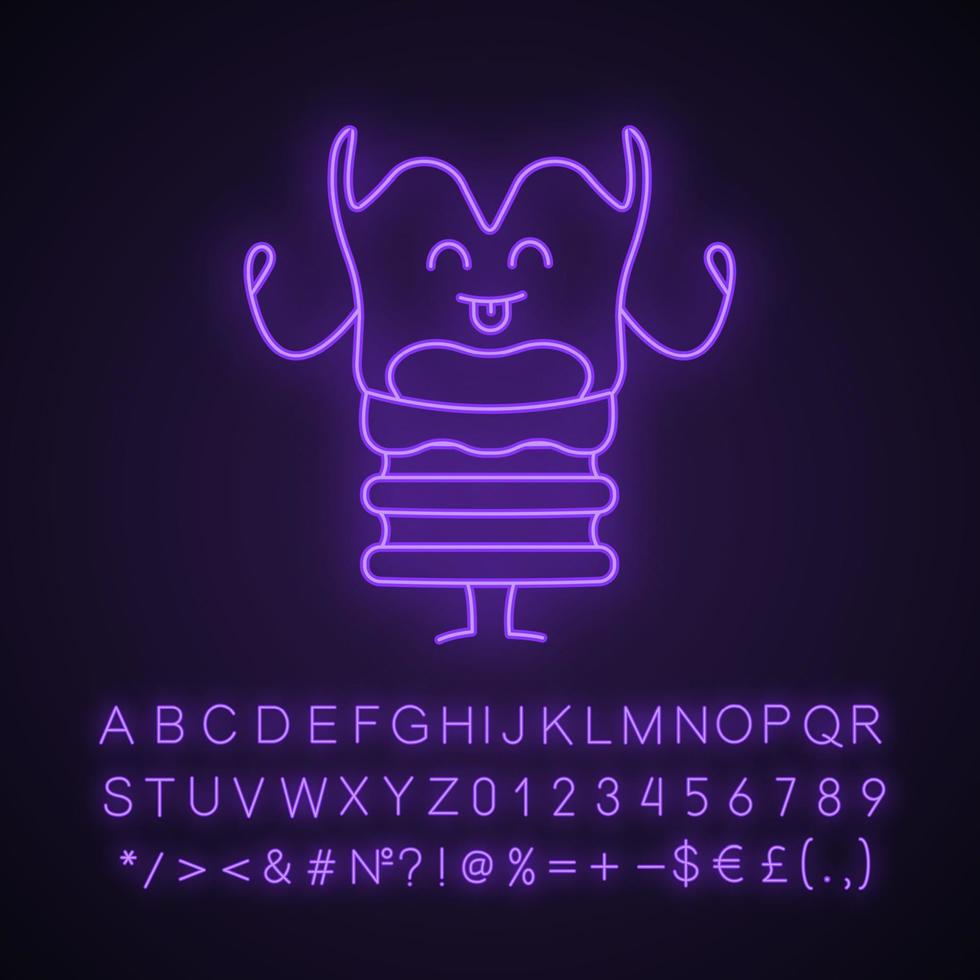 gelukkig strottenhoofd karakter neon licht icoon. lachende voicebox-emoji. gezond strottenhoofd. gezondheid van de luchtwegen. gloeiend bord met alfabet, cijfers en symbolen. vector geïsoleerde illustratie