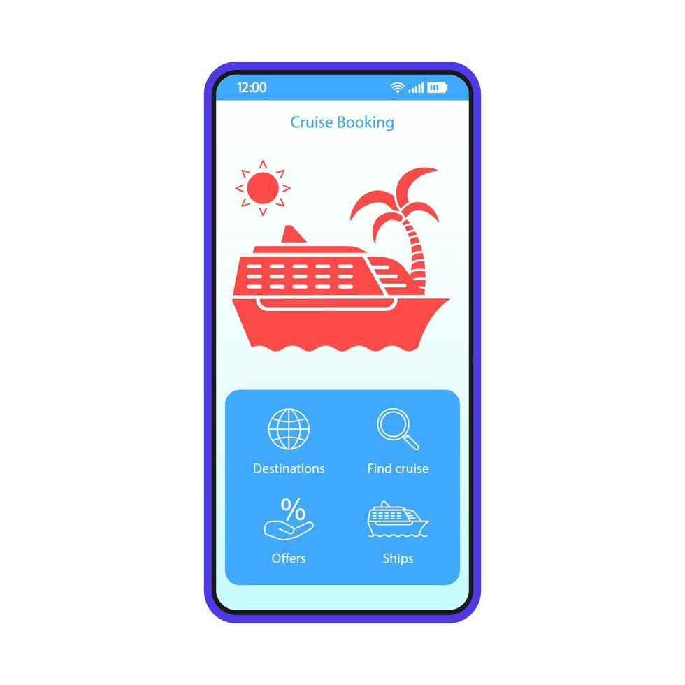 cruise boeking app smartphone interface vector sjabloon. mobiele reispagina blauwe ontwerplay-out. zeilreis, reserveringsscherm voor vakantiekaarten. cruise applicatie platte ui. scheepszoeker telefoon display