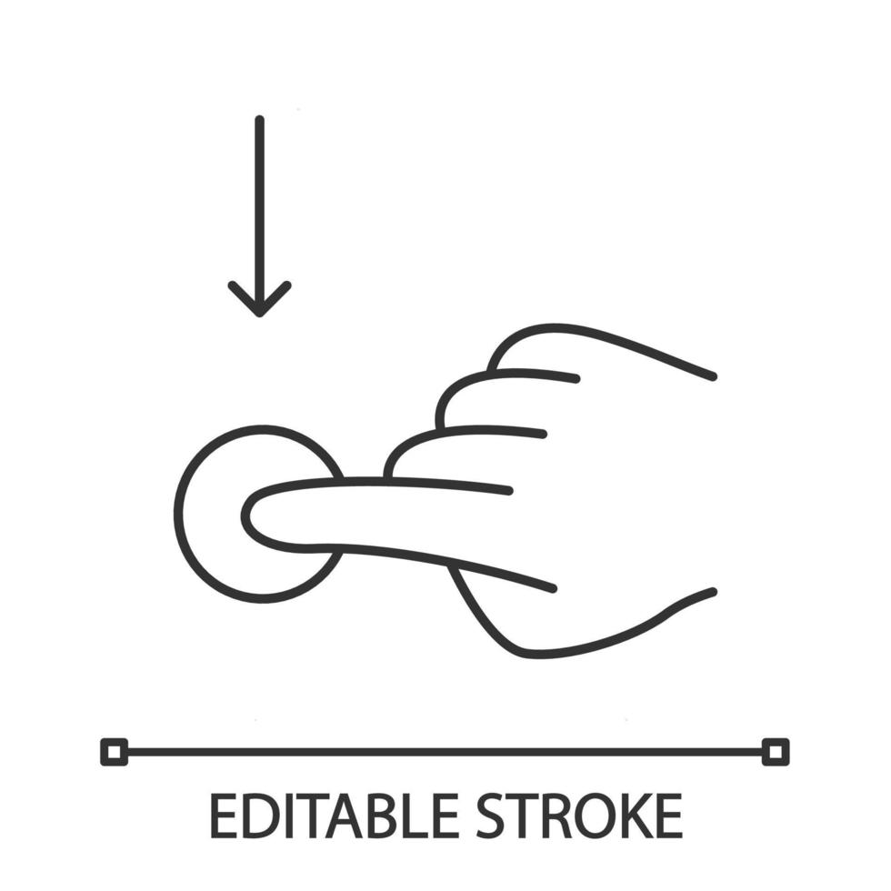 verticaal scroll naar beneden gebaar lineair pictogram. touchscreen gebaren. menselijke hand en vingers. sensorische apparaten gebruiken. dunne lijn illustratie. contour symbool. vector geïsoleerde overzichtstekening. bewerkbare streek