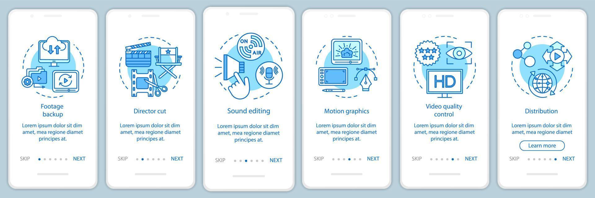 videoproductie onboarding mobiele app paginascherm vectorsjabloon. proces voor het maken van films. film industrie. walkthrough website stappen met lineaire illustraties. ux, ui, gui smartphone-interfaceconcept vector