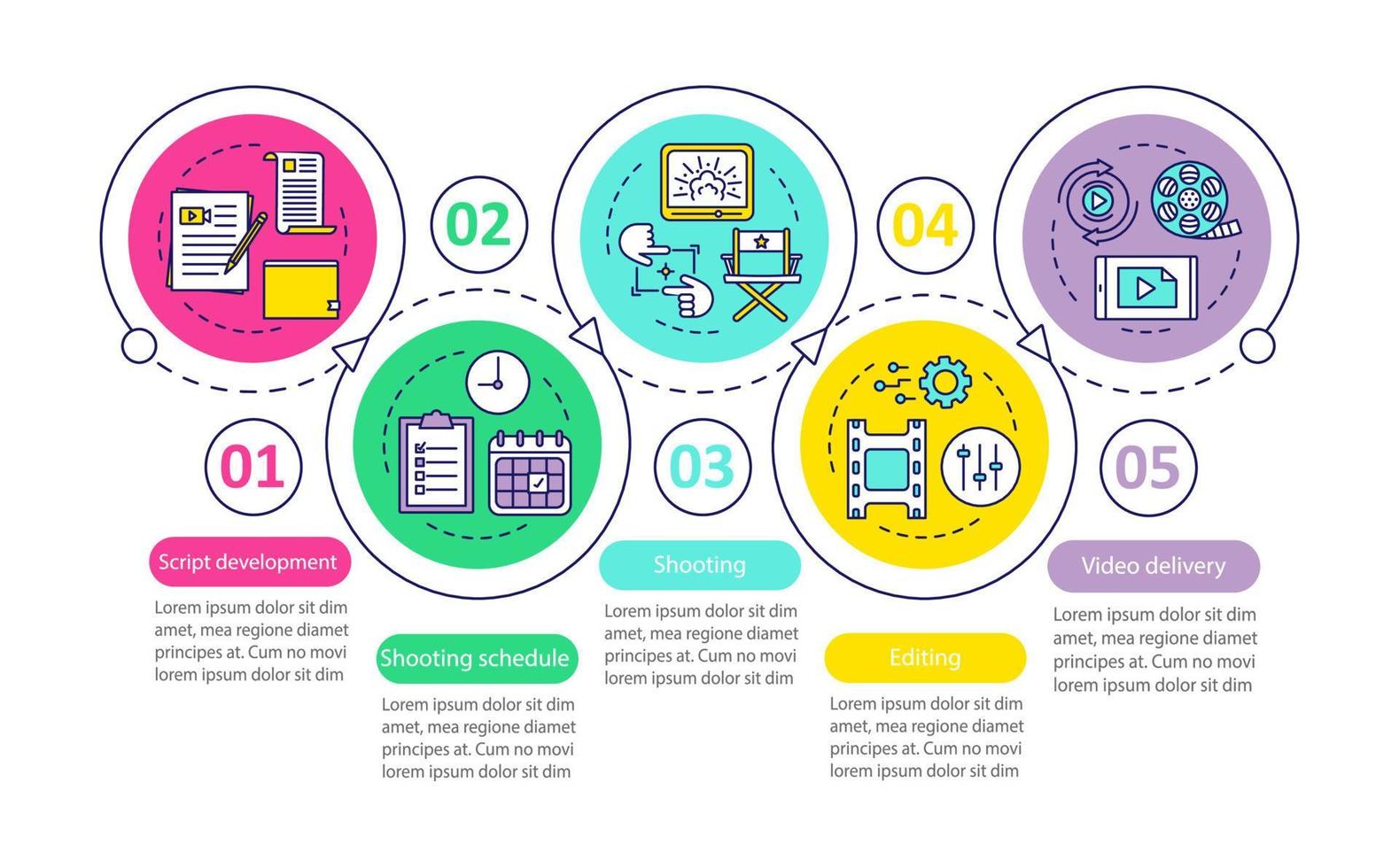 videoproductie, film maken vector infographic sjabloon. zakelijke presentatie ontwerpelementen. datavisualisatie met 6 stappen en opties. proces tijdlijn grafiek. workflowlay-out met lineaire pictogrammen