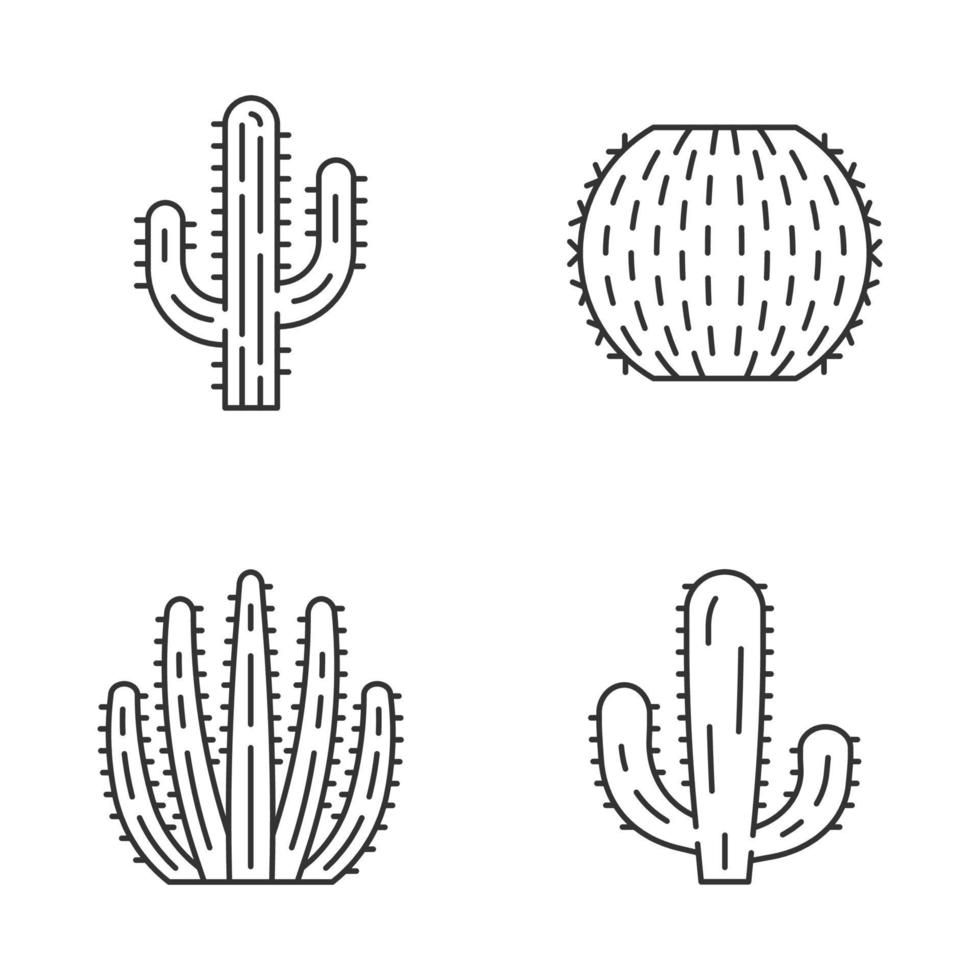 wilde cactus lineaire pictogrammen instellen. vetplanten. cactussen collectie. saguaro, orgelpijp, Mexicaanse reus en vatcactussen. dunne lijn contour symbolen. geïsoleerde vectoroverzichtsillustraties. bewerkbare streek vector