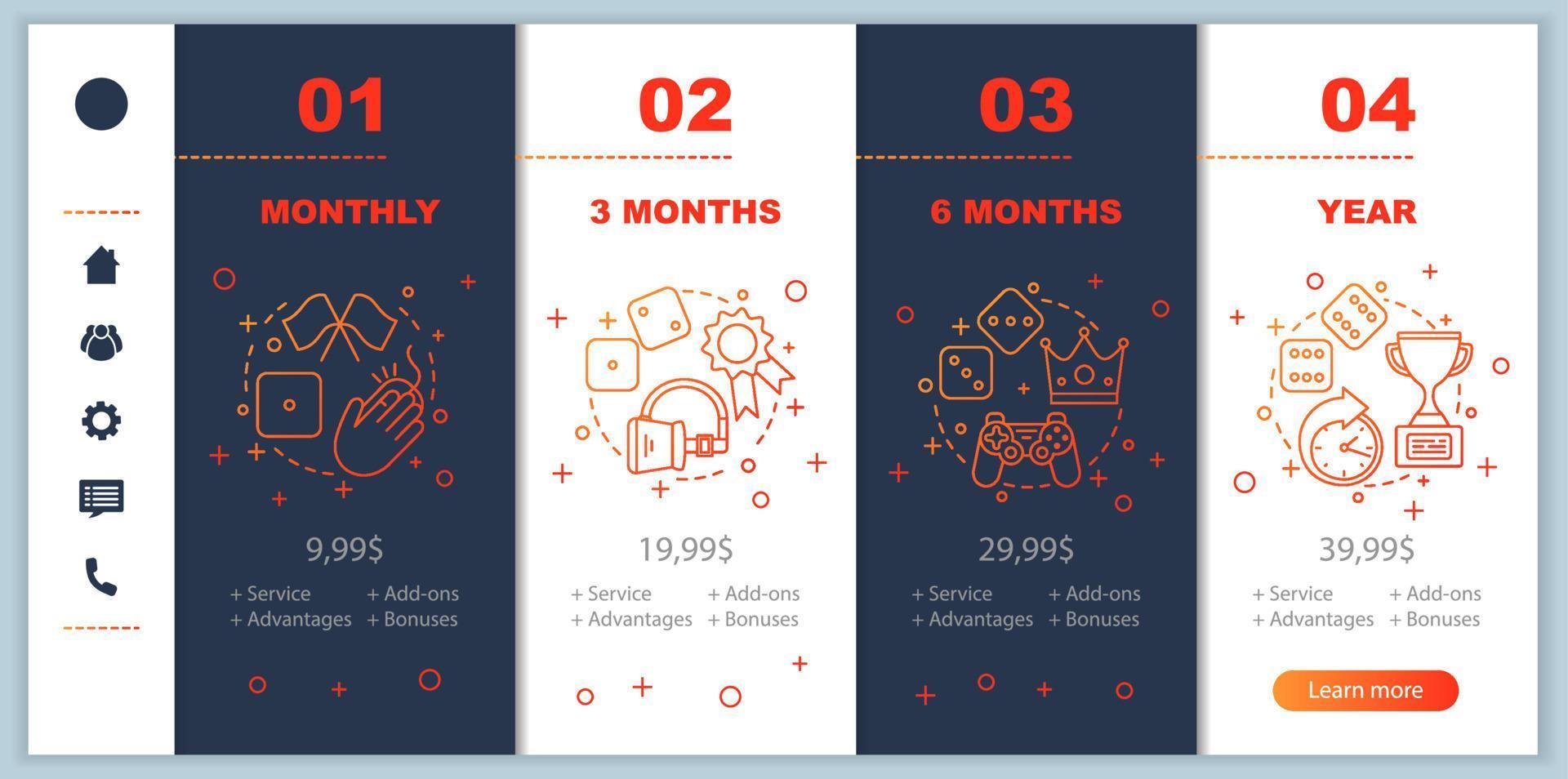 online spelen lidmaatschapskosten onboarding mobiele app-schermen met serviceprijzen. walkthrough webpagina's sjablonen. vr, computer, gokspellen. tariefplannen stappen. webpagina-indeling voor smartphonebetaling vector
