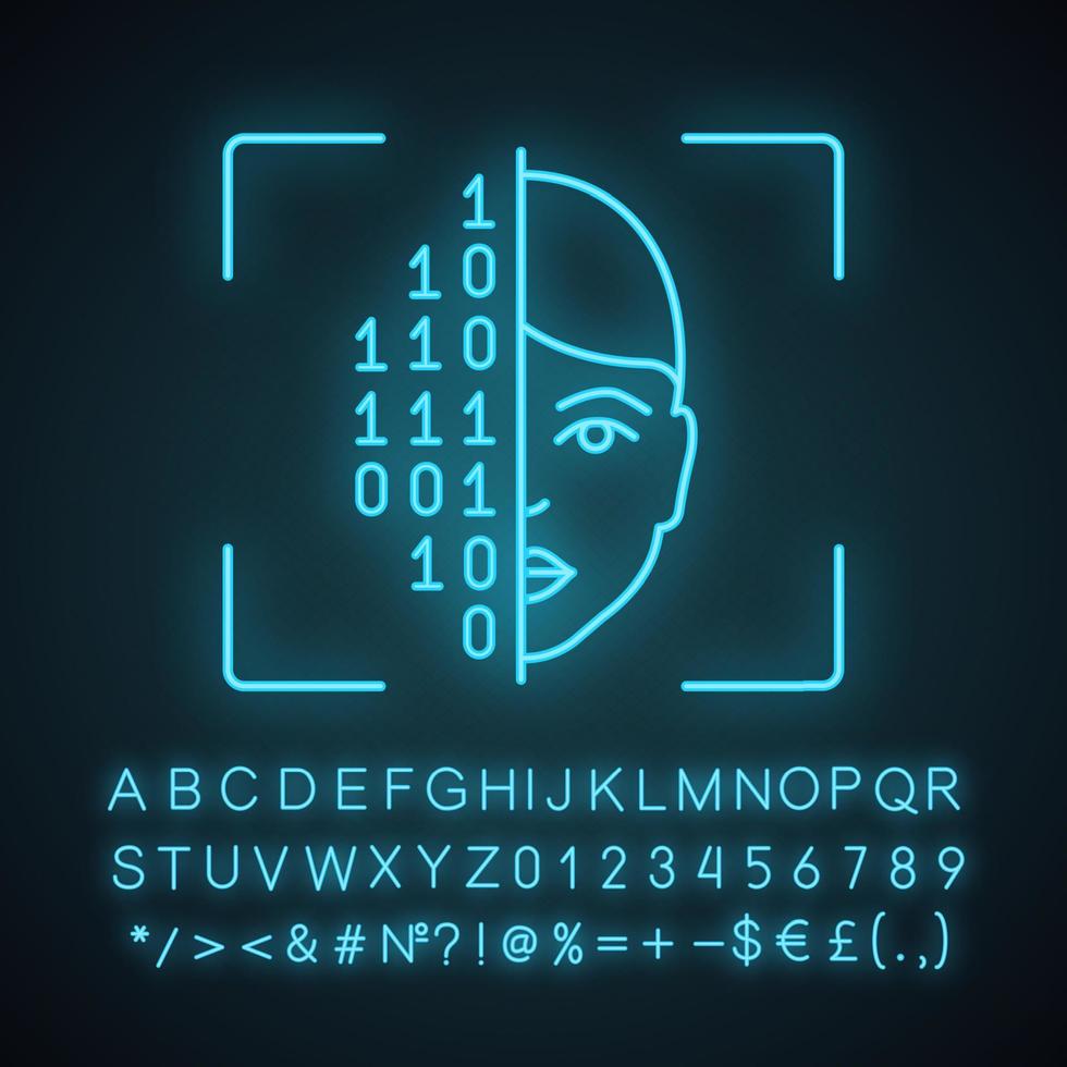 gezicht scannen procedure neon licht icoon. gezichtsherkenning. identiteit authenticatie. binaire code. gezicht id-scansoftware. gloeiend bord met alfabet, cijfers en symbolen. vector geïsoleerde illustratie
