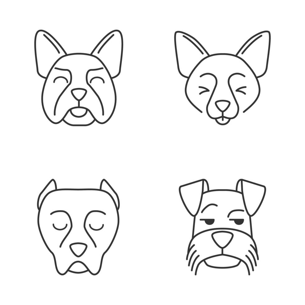 honden schattige kawaii lineaire karakters. dunne lijn pictogramserie. grijnzende mini schnauzer. lachende border collie, franse bulldog. dieren met droevige muilkorven. vector geïsoleerde overzichtsillustratie. bewerkbare streek