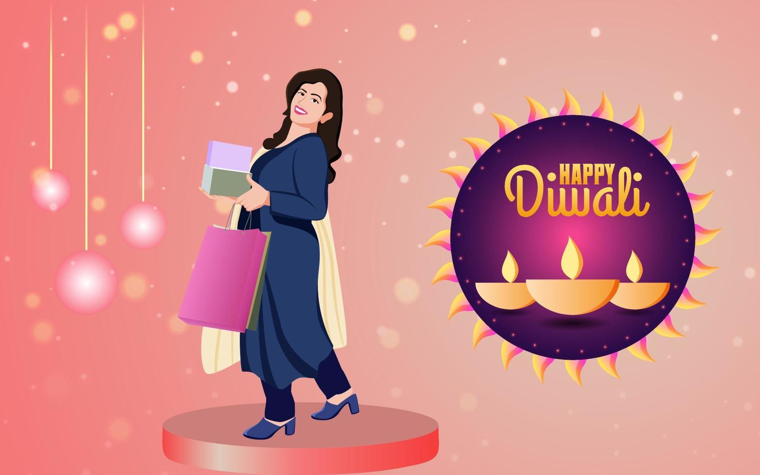 Indiase vrouwen met boodschappentas en dozen op creatieve gelukkige diwali-achtergrond, gelukkige diwali-illustratie voor verkoopbanner en sociale media-promotieachtergrond. met gelukkige diwali-typografie. vector