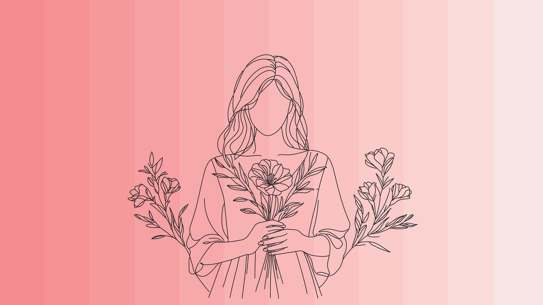 een tekening van een vrouw staand terwijl Holding een kleurrijk boeket van bloemen in haar handen. vector, poster, schilderen, tekening, handgemaakt, voorjaar vector