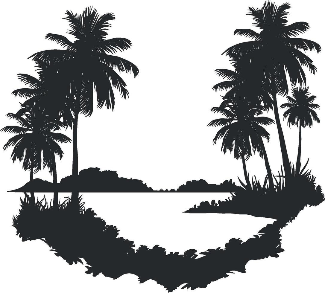 zwart silhouet van een eiland met palm bomen vector