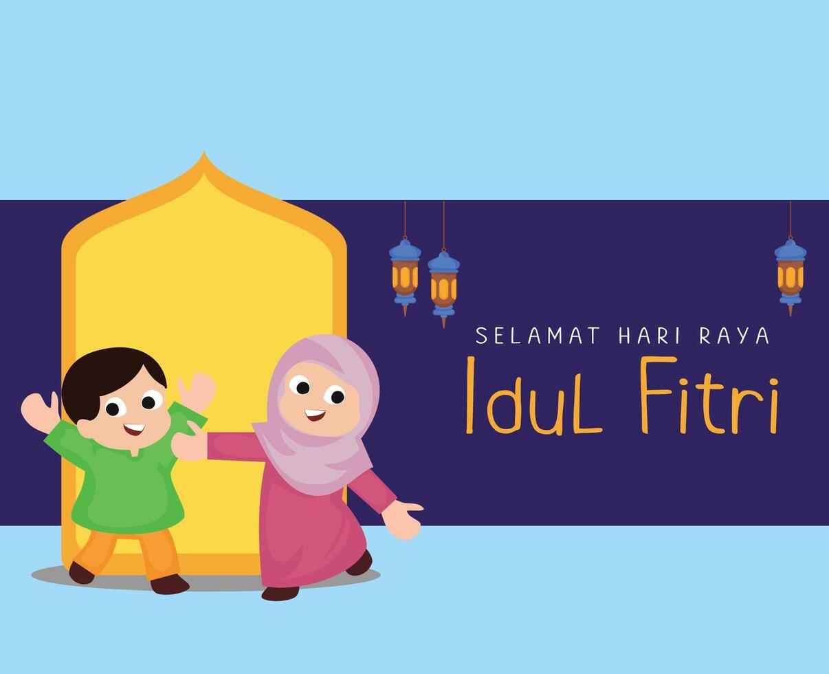 opgewonden schattig tekenfilm moslim jongen en meisje groet gelukkig eid viering vector