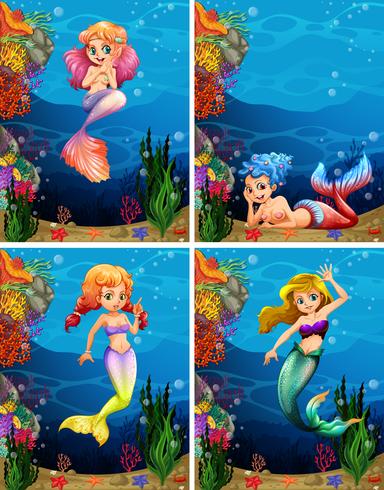 Vier scènes van zeemeermin zwemmen onder de zee vector