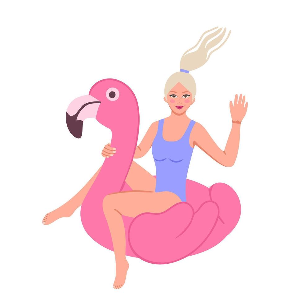 meisje zit Aan een opblaasbaar flamingo. illustratie voor afdrukken, achtergronden, covers en verpakking. beeld kan worden gebruikt voor kaarten, affiches, stickers en textiel. geïsoleerd Aan wit achtergrond. vector