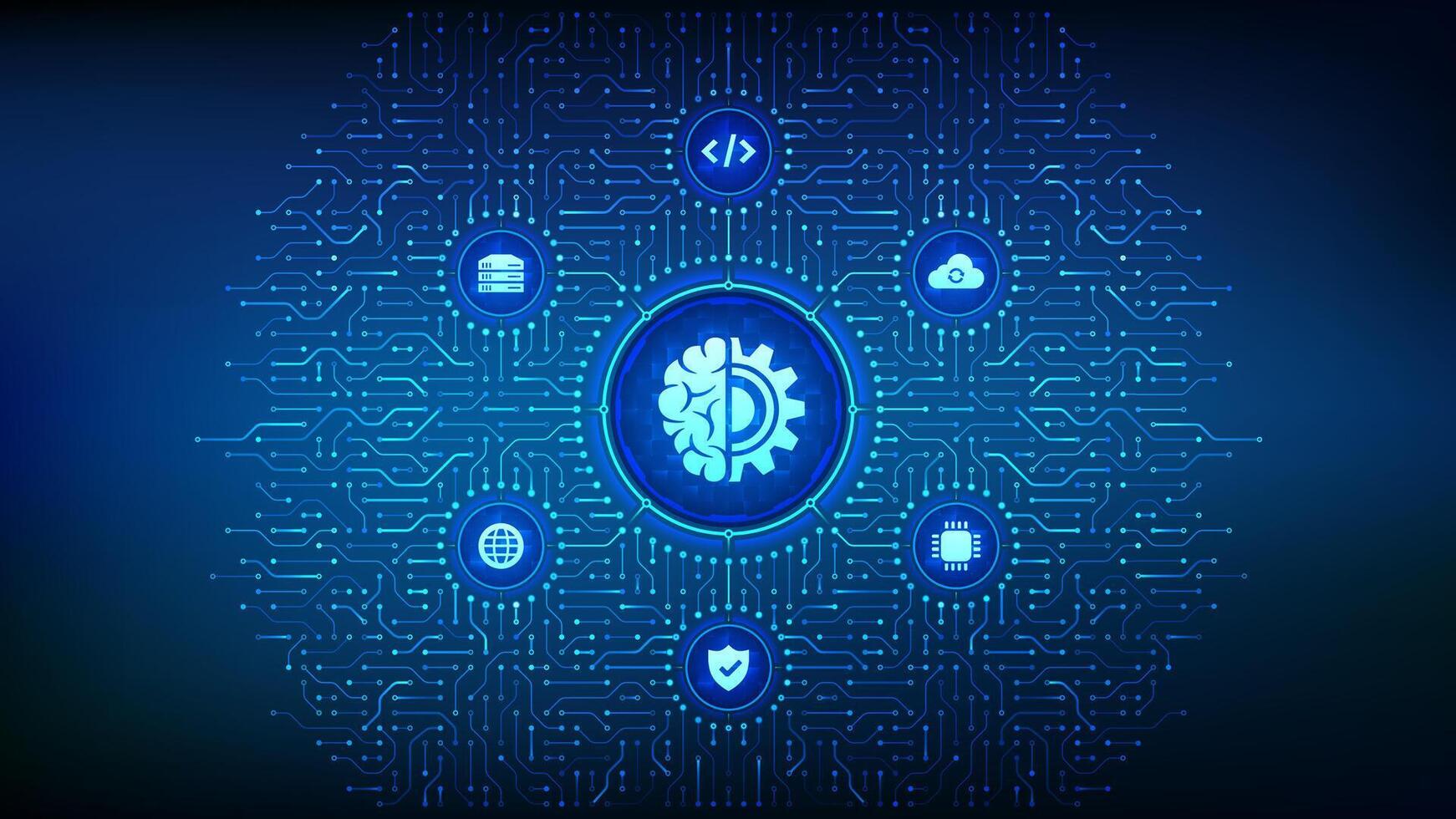 machine aan het leren. ai kunstmatig intelligentie. diep aan het leren. gegevens mijnbouw, groot gegevens, algoritme, neurale netwerk. achtergrond met stroomkring bord verbindingen en tech pictogrammen. vector illustratie.