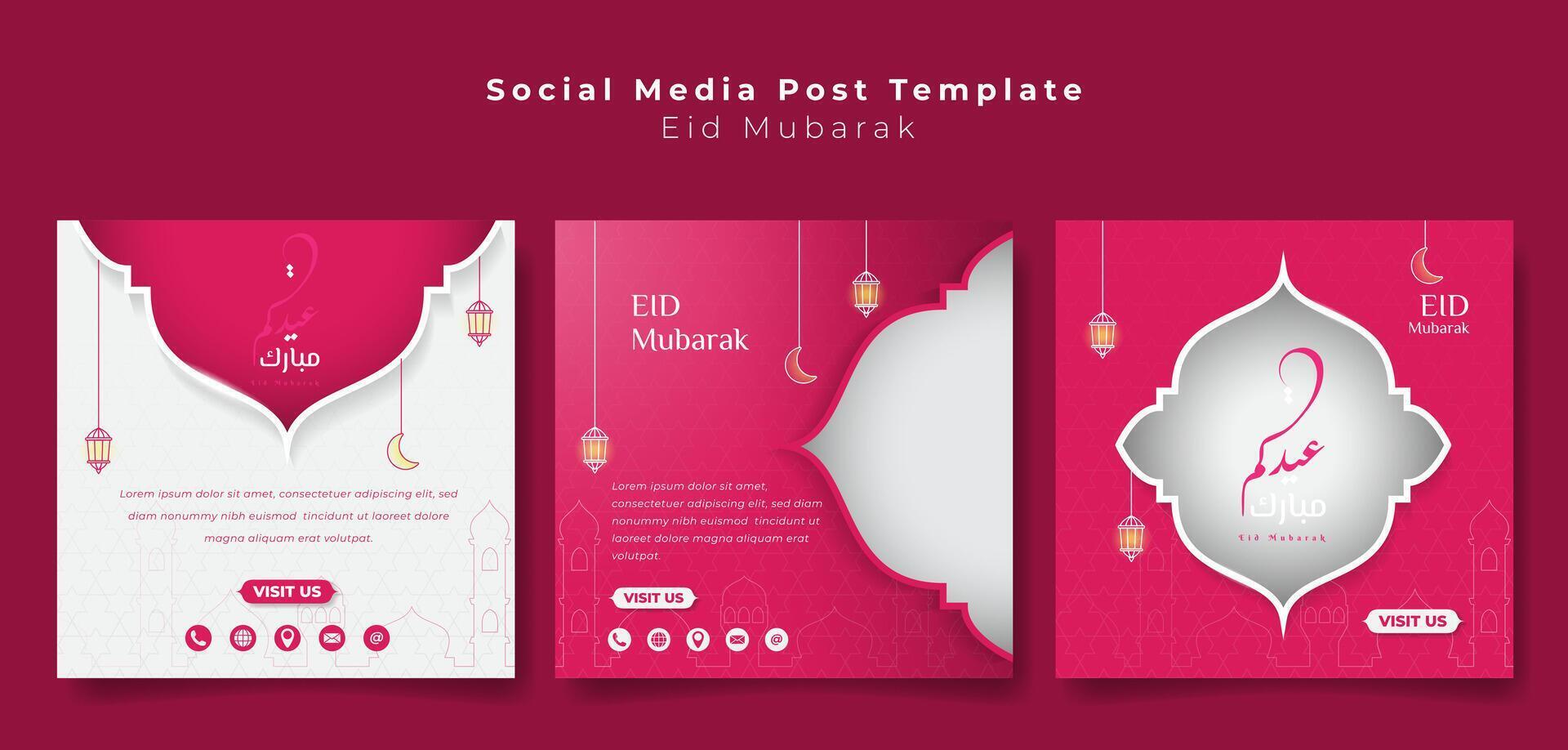 reeks van sociaal media post sjabloon met roze vrouwelijk achtergrond voor eid mubarak. Arabisch tekst gemeen is eid mubarak. Islamitisch achtergrond in vrouwelijk ontwerp vector