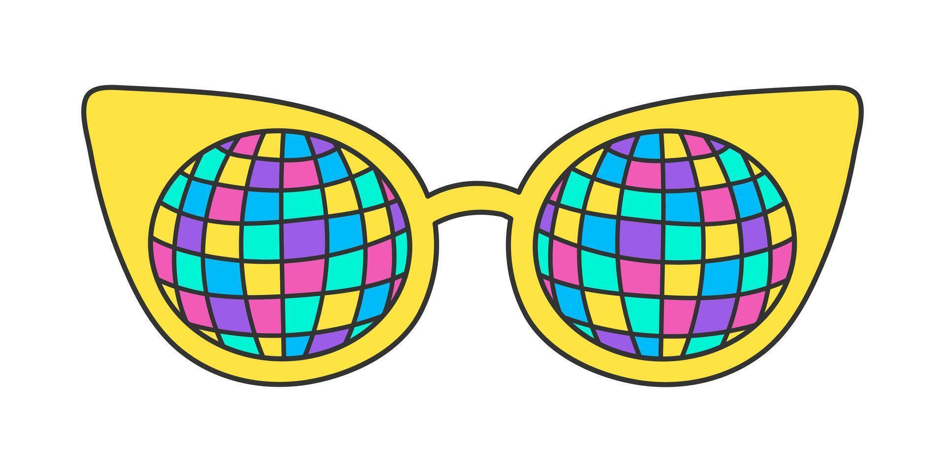 neon groovy zonnebril Aan een wit achtergrond, wijnoogst hippie accessoire. kat oog kader, disco bal patroon Aan glas. retro sticker, nostalgisch vector tekening element in jaren 70 stijl.