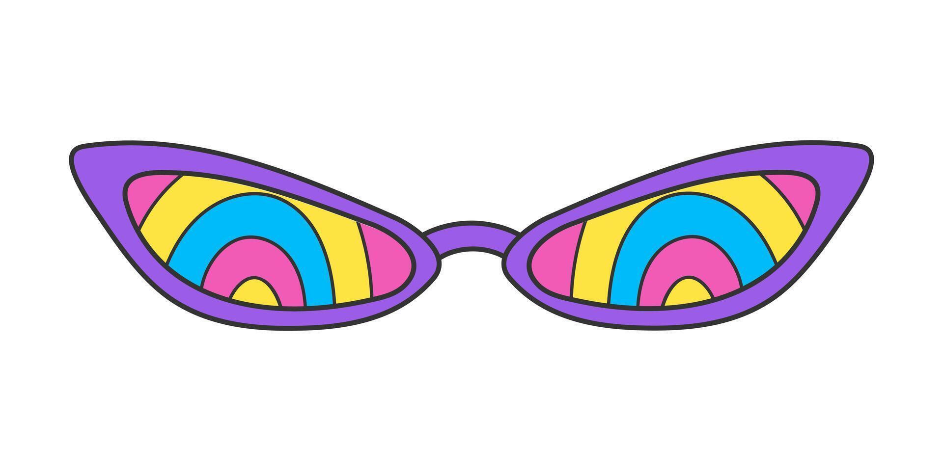 elegant zonnebril in een groovy hippie stijl geïsoleerd Aan een wit achtergrond. wijnoogst retro kleuren, regenboog strepen afdrukken Aan glas. psychedelisch vector neon tekening sticker, jaren 70.