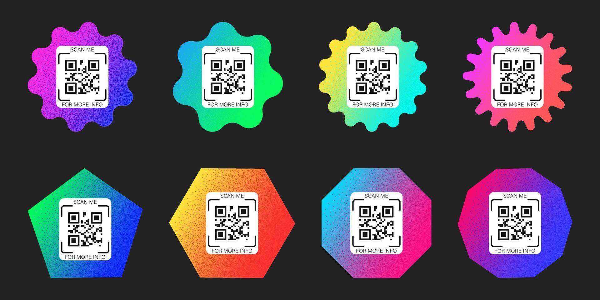 reeks van meetkundig getextureerde vector qr code element, scannen me telefoon label sjabloon. qr code sticker model, y2k neon regenboog helling streepjescode icoon Aan donker achtergrond.