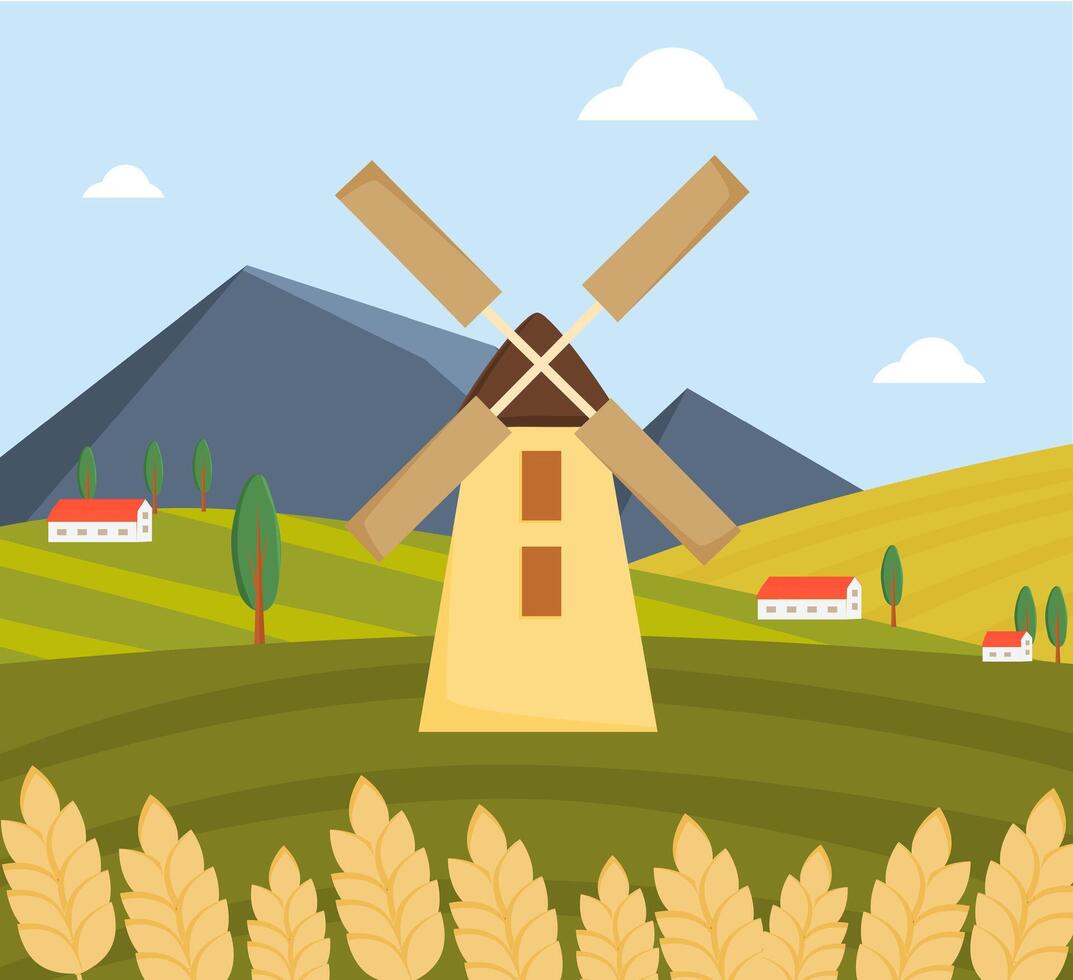 platteland landschap met velden, bergen, molen, huizen oren van tarwe in de voorgrond. boerderij, landbouw. vector illustratie.