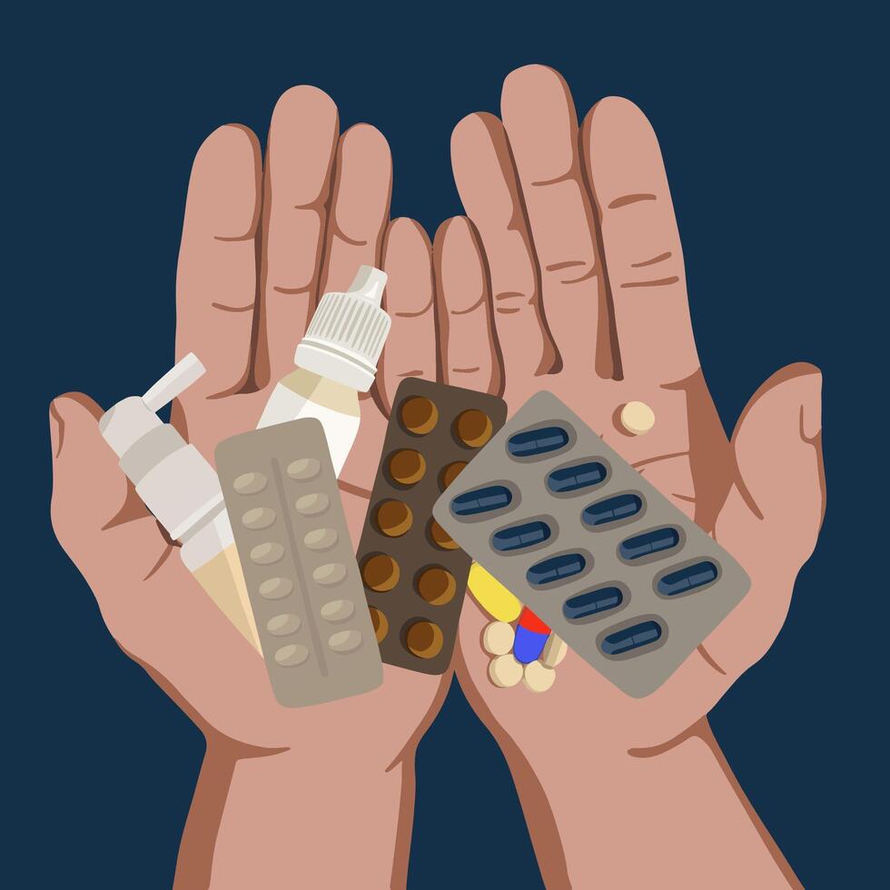vector geïsoleerd illustratie van pillen en verdovende middelen voor behandeling. geneesmiddelen in de palm van uw hand.