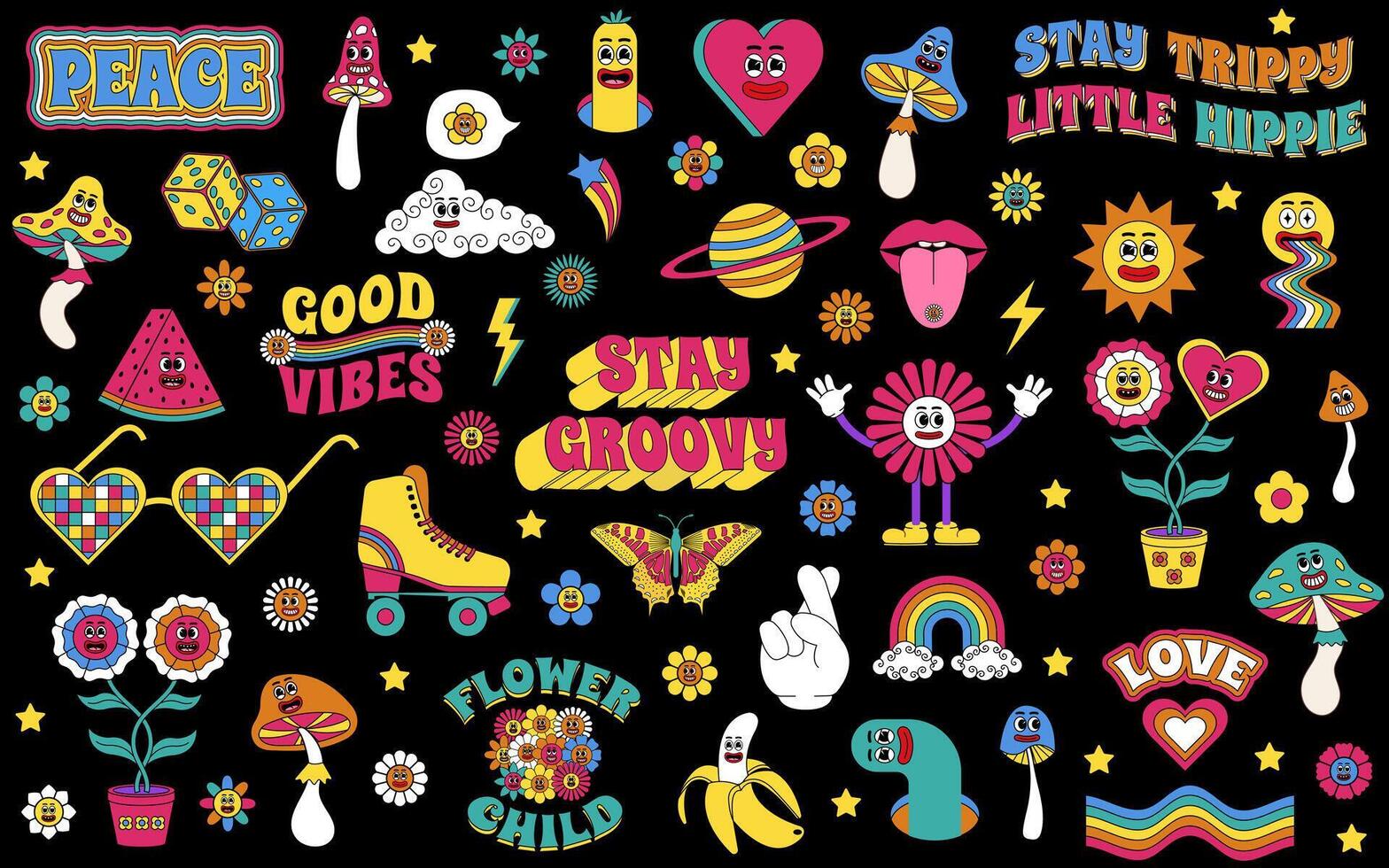 groovy set. groovy hippie jaren 70 set. sticker pak in modieus retro psychedelisch tekenfilm stijl. geïsoleerd vector illustratie