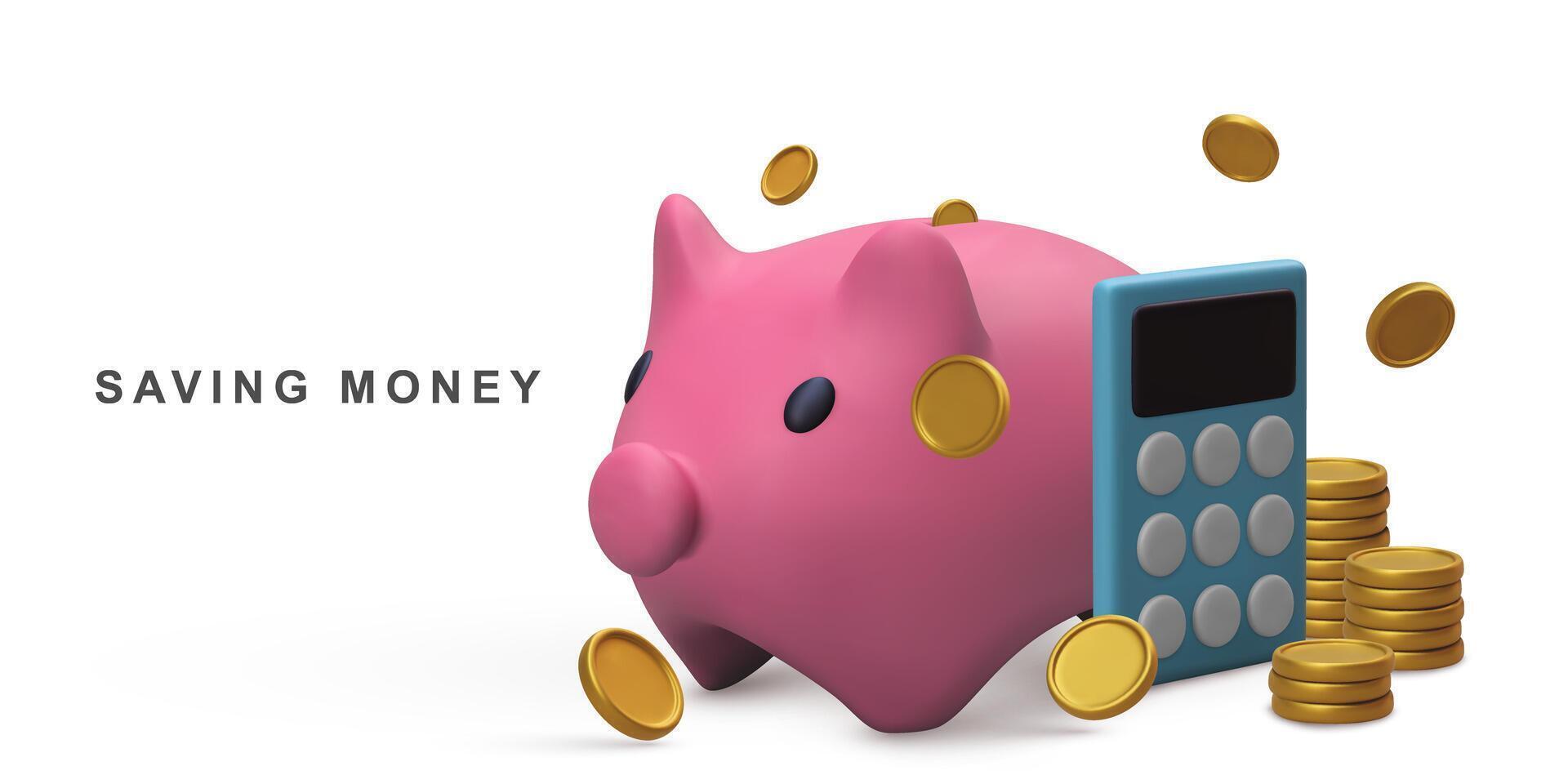 3d realistisch roze varkentje bank met rekenmachine en goud munten. besparing geld en financieel beheer. vector illustratie.
