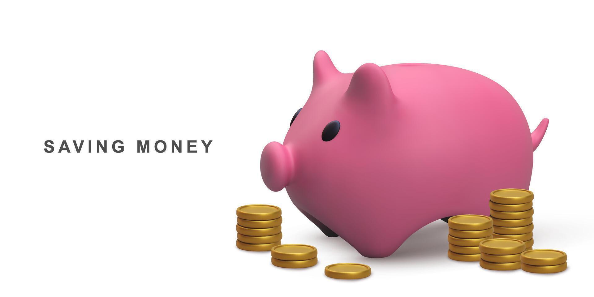 3d realistisch roze varkentje bank met goud munten. besparing geld en financieel beheer. vector illustratie.