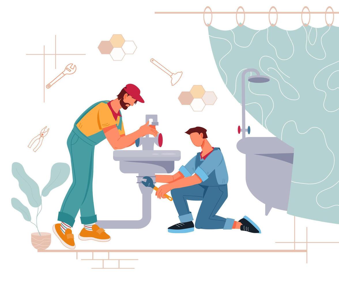 twee klusjesman of loodgieters repareren wastafel in badkamer, vlak vector illustratie geïsoleerd Aan wit achtergrond. loodgieter onderhoud personeel mannetje tekenfilm tekens Bij werk.