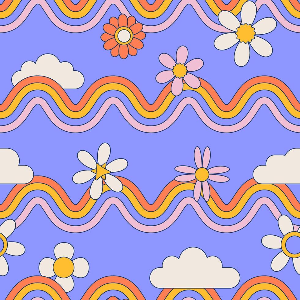 modieus groovy retro naadloos patroon met golvend meetkundig regenboog, wit wolken en madeliefje bloemen. zomer lucht achtergrond. lineair vlak vector illustratie.