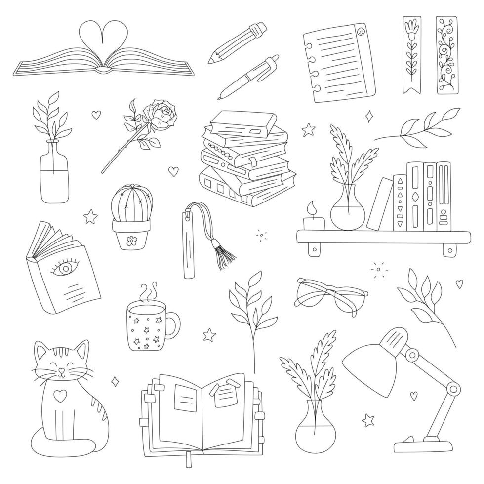 reeks van hand- getrokken boeken en elementen, symboliseert lezing, aan het leren. stack van boeken, bladwijzer, boekenplank, tafel lamp. zwart en wit tekening schets vector illustratie geïsoleerd Aan een wit achtergrond.