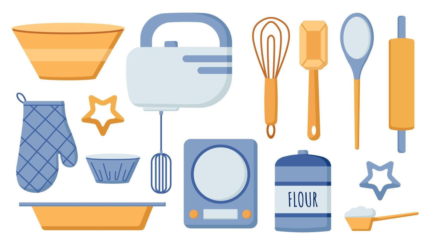 bakken gereedschap set, kookgerei, items voor Koken, keuken werktuig, mixer, schaal, handschoen, meel, bakken dienblad, rollend pin, garde, spatel, vector illustratie