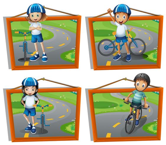 Vier frames van kinderen fietsten vector