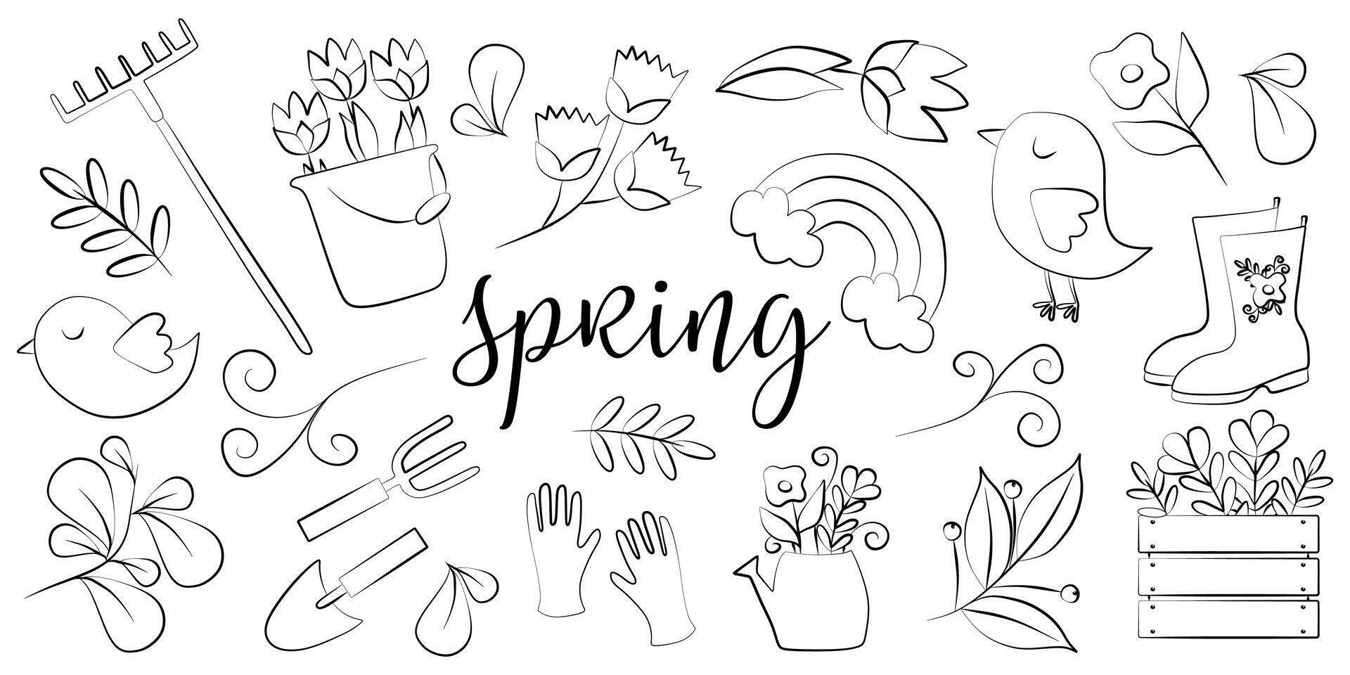 groot lineair voorjaar set. zwart en wit verzameling van ontwerp elementen voor tuinieren. vector schets illustratie met vogel, bloemen, hulpmiddelen. lijn kunst kleur bladzijde, contour tekening voor kaart, poster.