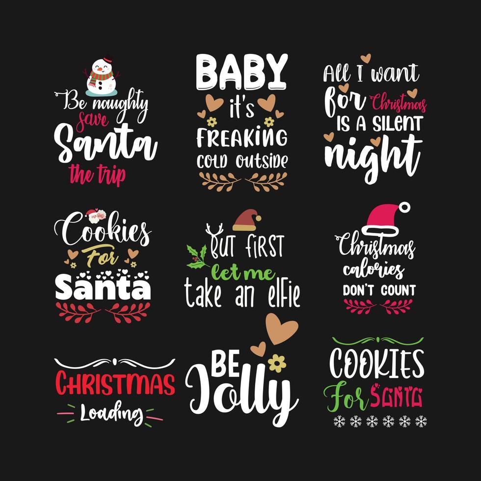 kerst typografie t-shirt ontwerpset vector