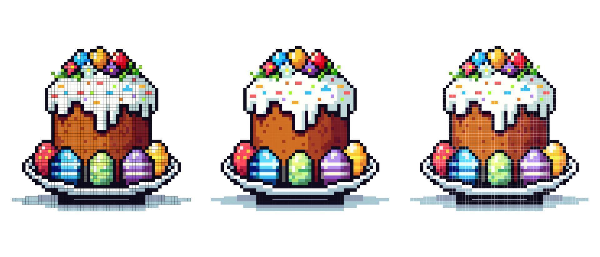 vector pixel icoon met Pasen taart Aan een groot bord, in de omgeving van het zijn veelkleurig gekleurde eieren Aan een wit achtergrond, Pasen vakantie