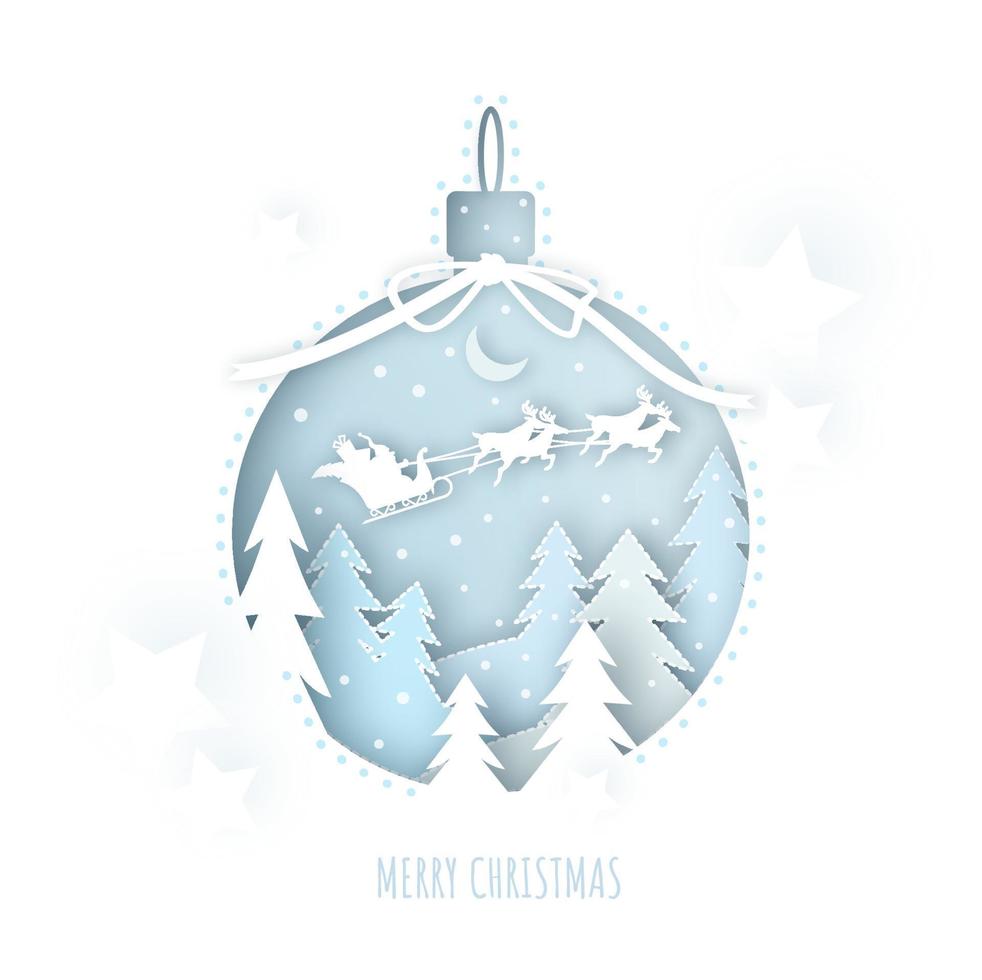 merry christmas card santa slee met rendieren vliegen in de lucht over een besneeuwd bos. wenskaart in papier gesneden ambachtelijke stijl. vector hand getekende illustratie