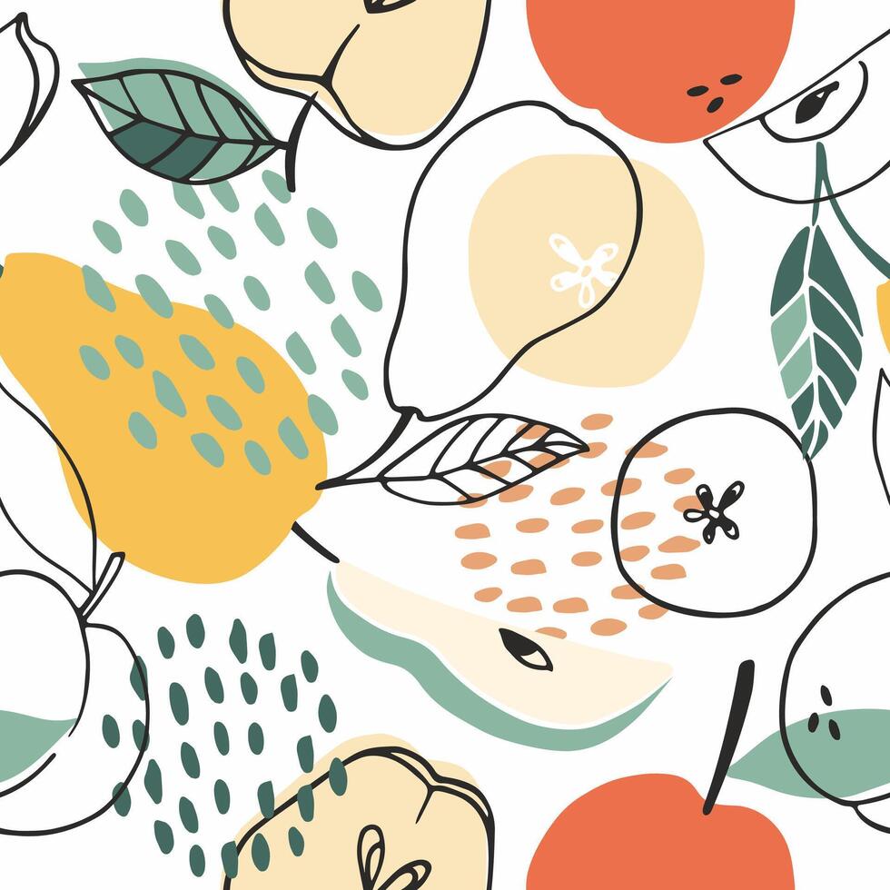 naadloos vector patroon met appels, peren, perziken Aan een wit achtergrond. mengen van tekening vruchten. voor behang, omhulsel papier, textiel, ansichtkaarten, web bladzijde achtergrond, interieur decor, menu.