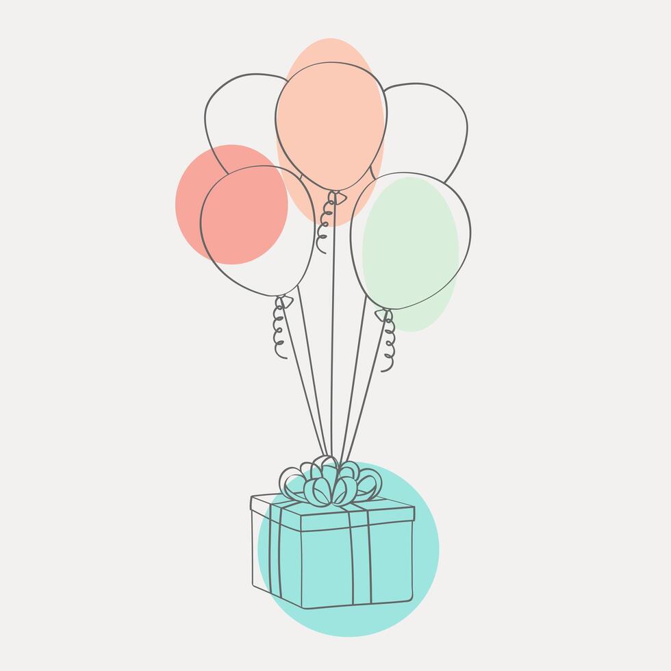 een geschenk doos versierd met kleurrijk ballonnen en een decoratief boog. de ballonnen zijn hand geschilderd in een tekening stijl, toevoegen een speels en feestelijk tintje naar de geschenk vector