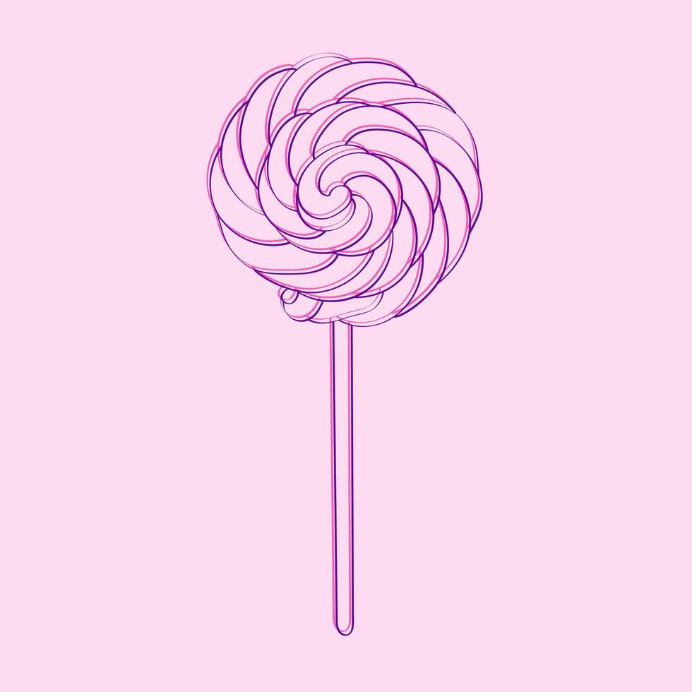 een roze lolly, hand geschilderd met tekening ontwerpen, staat Aan een zacht roze achtergrond. de snoepjes levendig kleur knalt tegen de monochromatisch achtergrond, creëren een visueel opvallend contrast vector