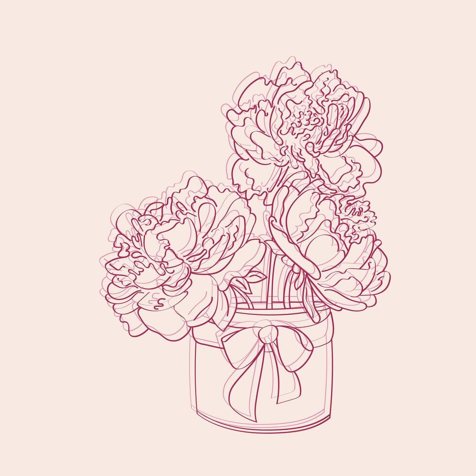 een hand getekend illustratie van levendig pioenen geregeld in een vaas, reeks tegen een zacht roze achtergrond. de bloemen zijn gedetailleerd met delicaat beroertes en brengen een tintje van natuur binnenshuis vector