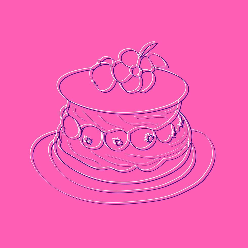 een hand getekend illustratie van een roze taart met kersen Aan top. de taart is gedetailleerd met lagen en glazuur, en de helder rood kersen toevoegen een knal van kleur naar de zoet traktatie vector
