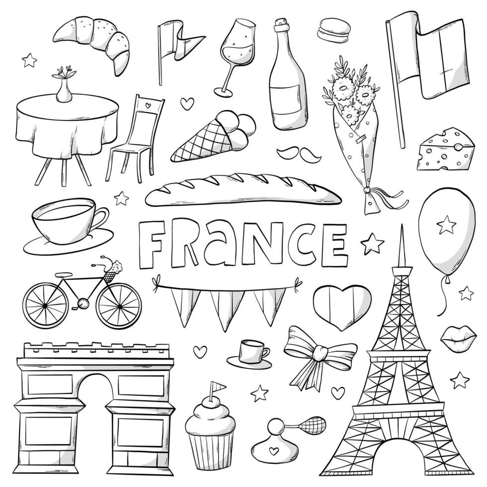 Frankrijk doodles verzameling, monochroom klem kunst, tekenfilm elementen voor kleur boeken, kaarten, affiches, afdrukken, enz. eps 10 vector