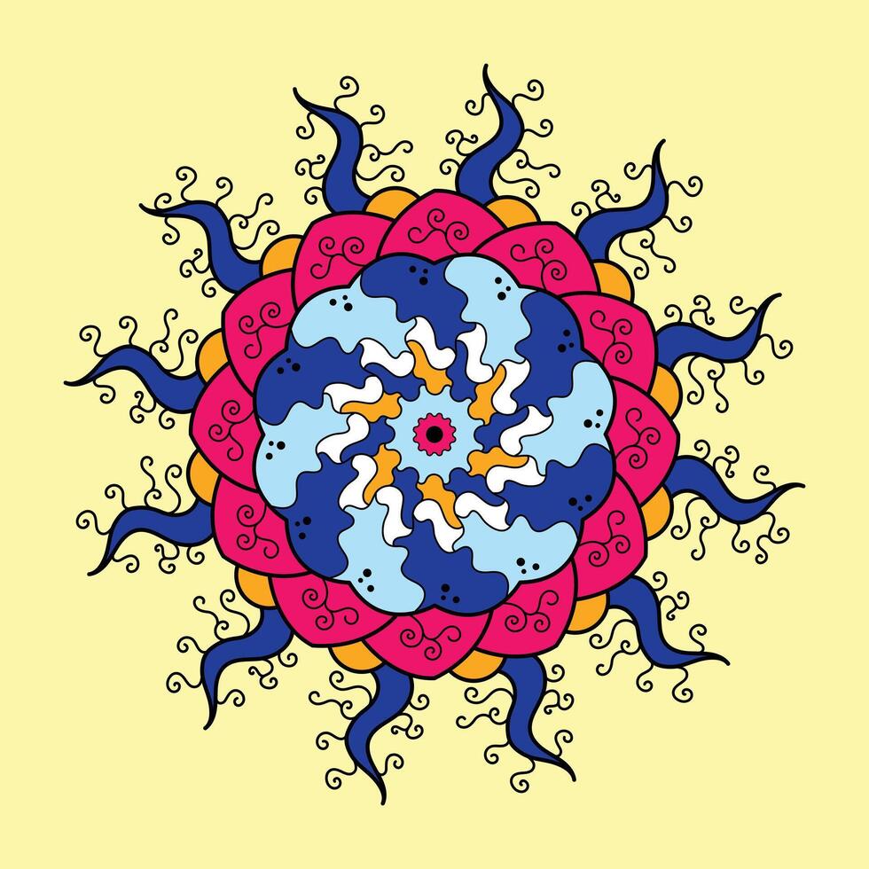 circulaire tekening patroon mandala decoratie. decoratief kleurrijk tribal ornament in etnisch oosters stijl. kleurrijk abstract bloem of zon, met helder kleuren. vector