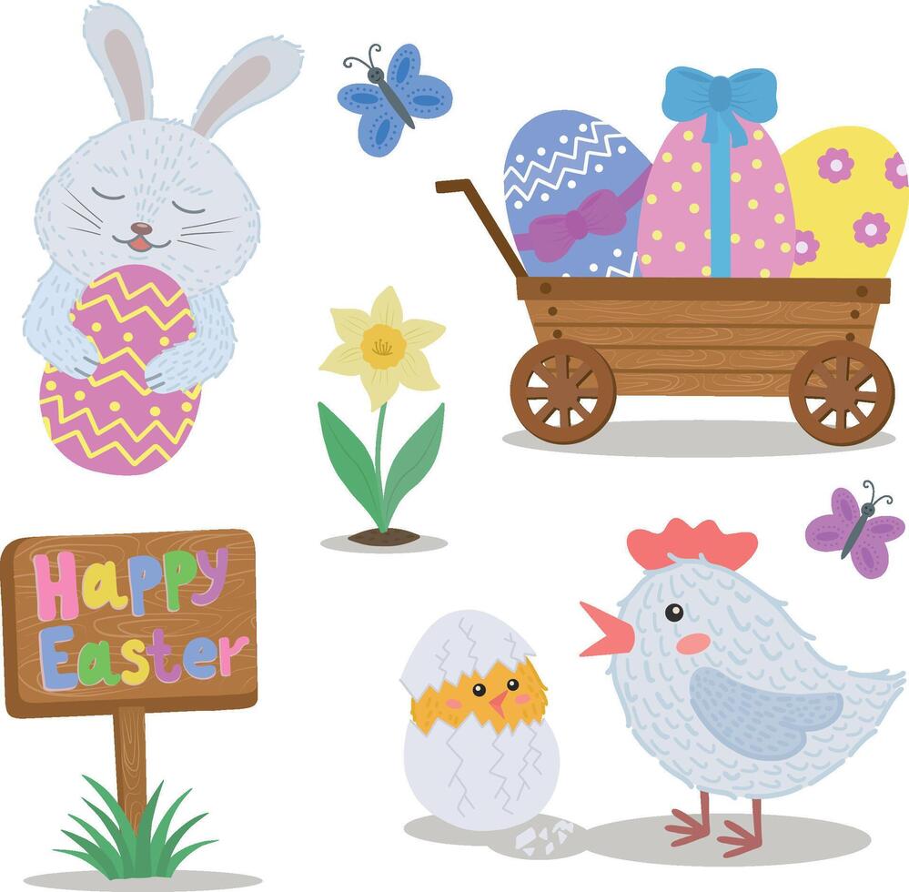 een reeks van Pasen illustraties. schattig kinderen tekeningen voor Pasen. een reeks van gemakkelijk illustraties met bloemen, vlinders, een vogel, een feestelijk mand en eieren. de Pasen konijn. vector