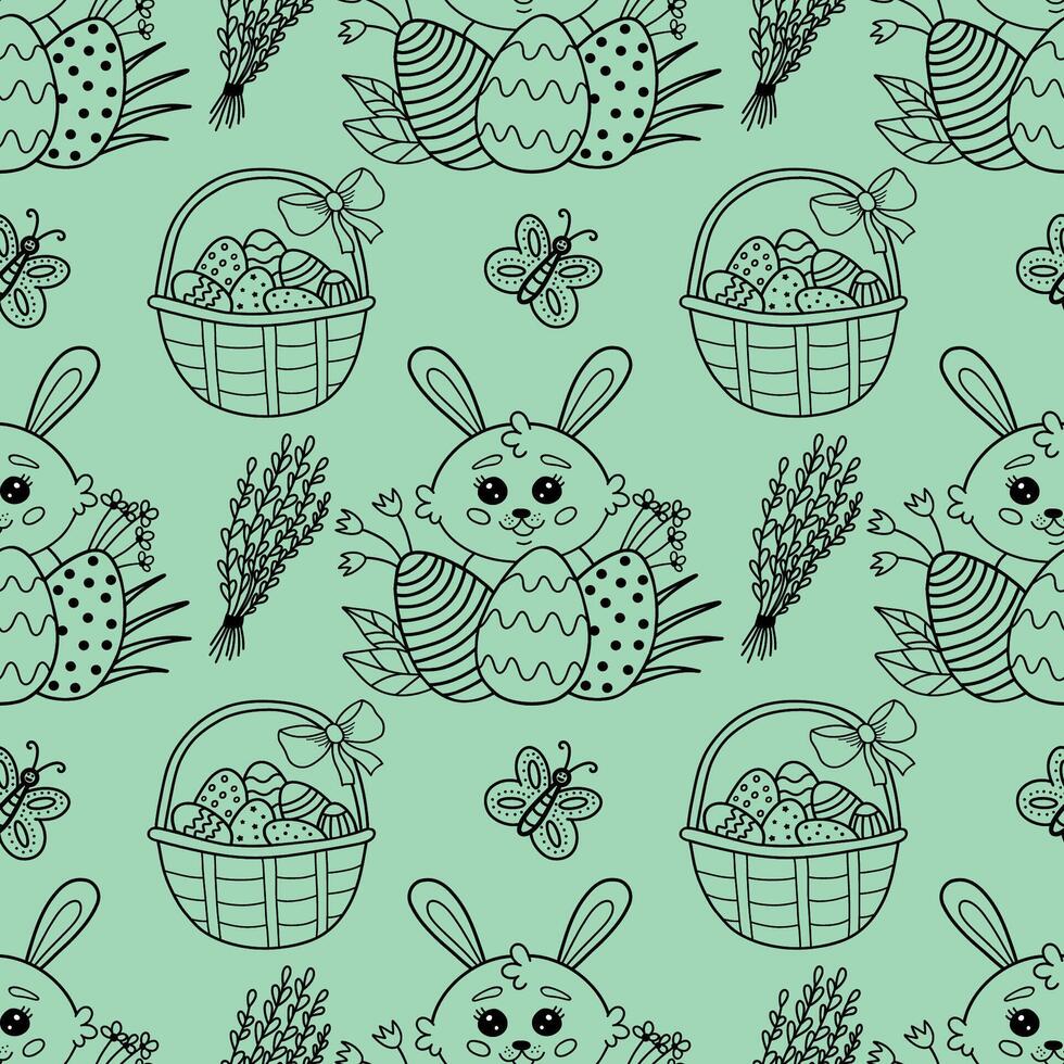 naadloos patroon met bloemen, wilg, mand met eieren en konijnen voor Pasen, vector illustratie. Pasen vector patroon met konijn, vlinder, eieren, taart.