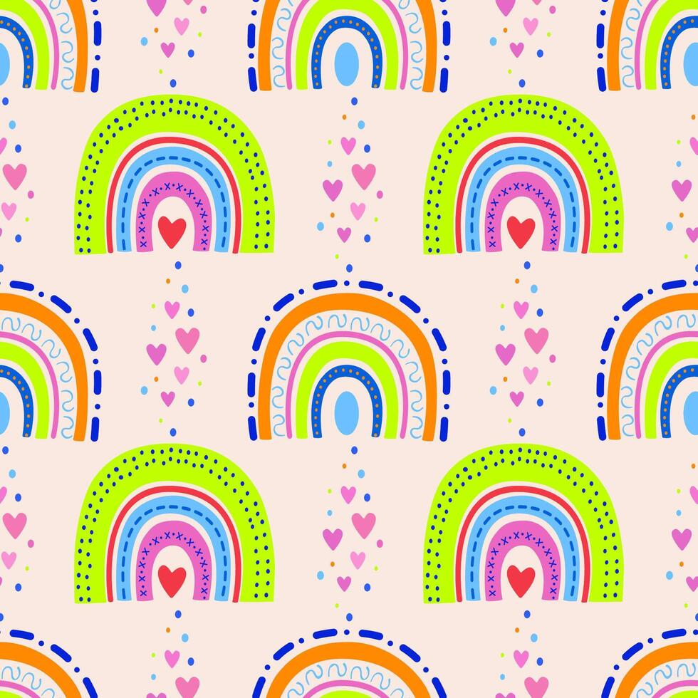 naadloos regenboog patroon. een regenboog in de lucht en harten. ontwerp in helder kleuren voor de kinderen kamer, textiel en stoffen vector