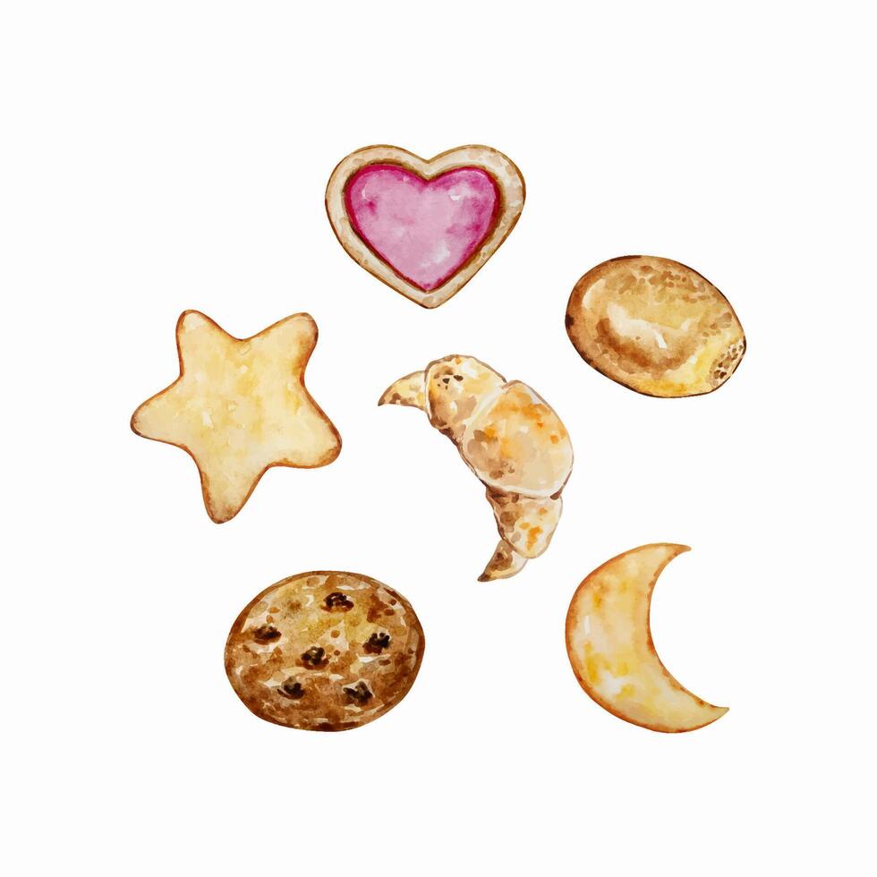 waterverf koekjes, gebakjes, taarten en bagels vector